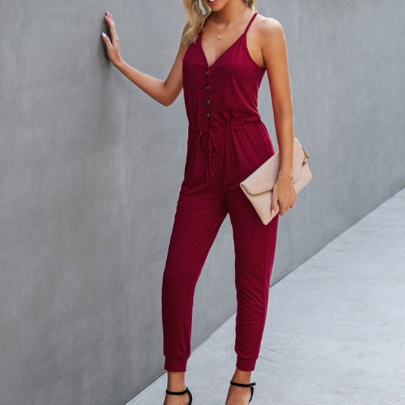 Drawstring Button Front Cami Jumpsuit Boho Olive - Picture 4 of 10